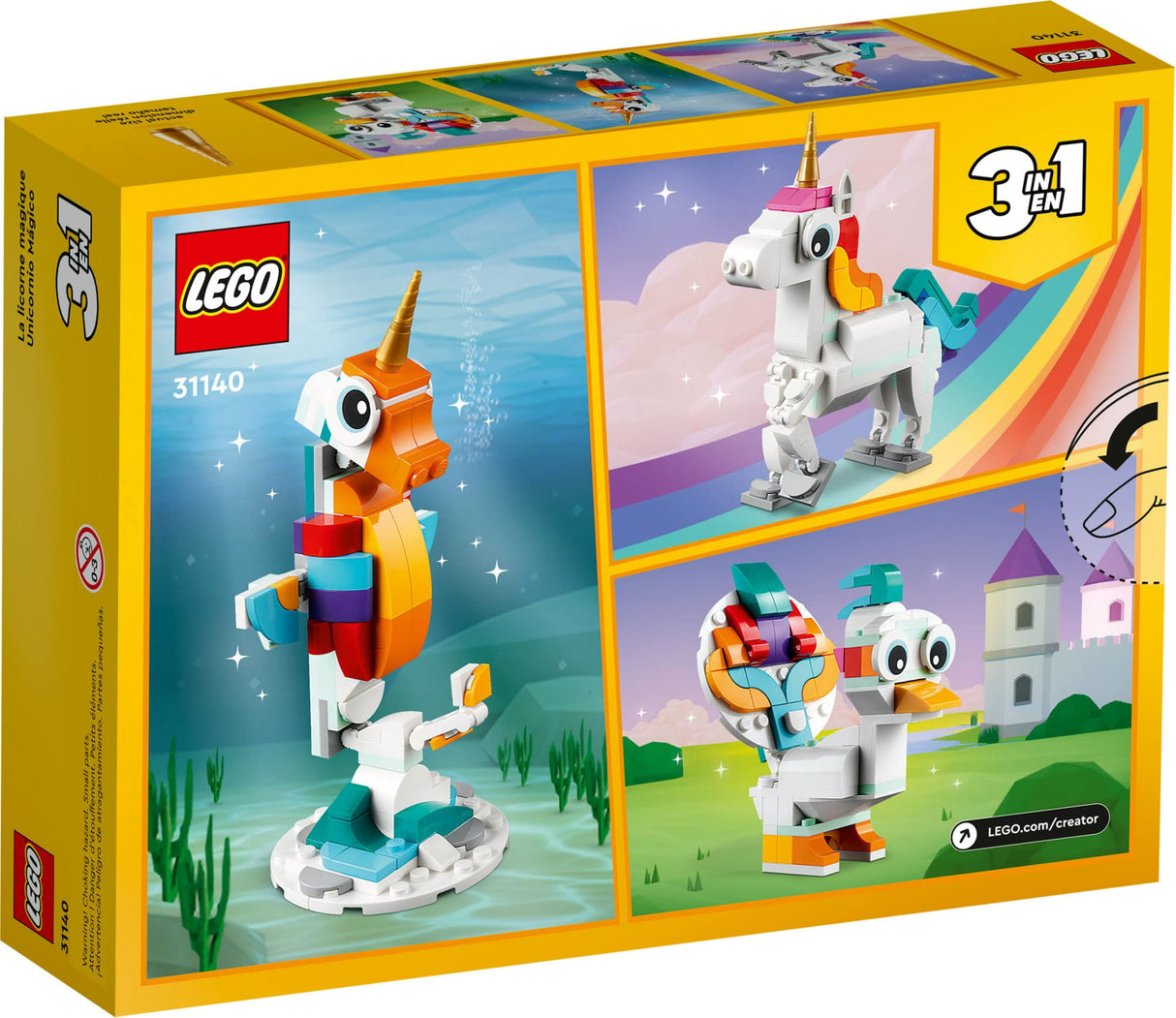 LEGO Creator 3 in 1 Magical Unicorn Toy, Transforms from Unicorn to Seahorse to Peacock, Rainbow Animal Figures, Unicorn Gift for Grandchildren, Girls and Boys, Buildable Toys, 31140