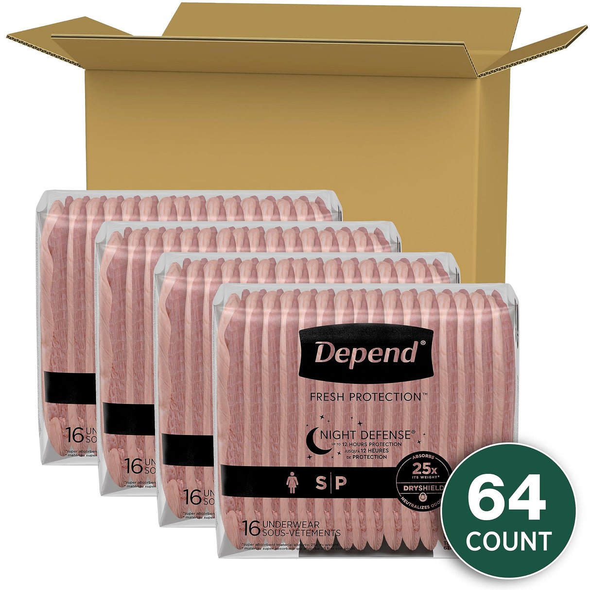 Depend Night Defense Adult Incontinence & Postpartum Bladder Leak Underwear for Women, Disposable, Overnight, Small, Blush, 64 Count (4 Packs of 16), Packaging May Vary