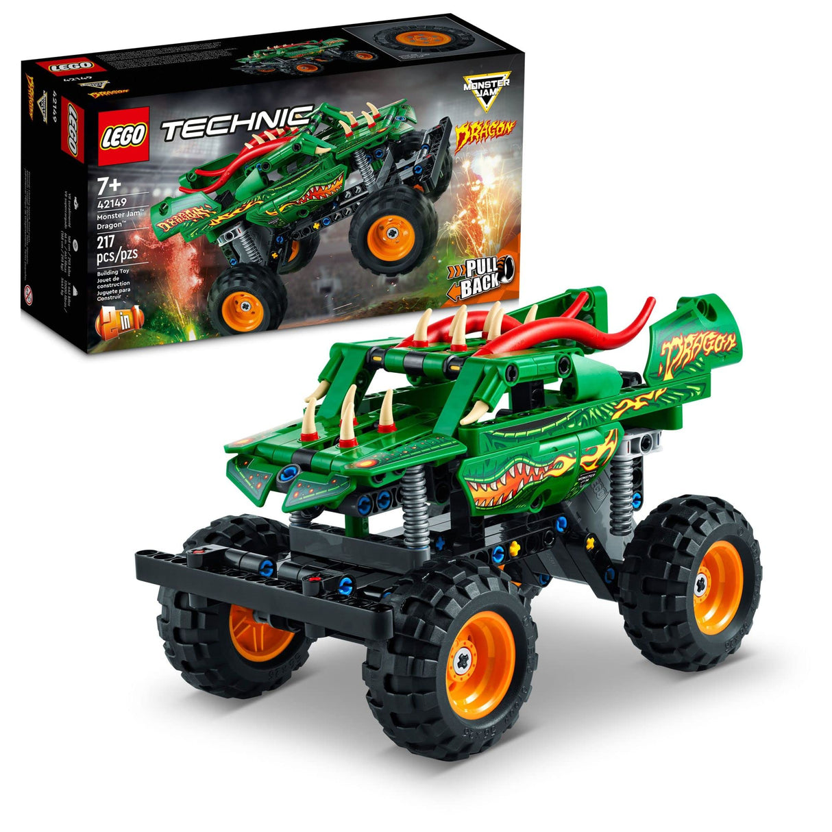 LEGO Technic Monster Jam Dragon, Monster Truck Toy for Boys and Girls, 2 in 1 Racing Pull Back Car for Off Road Stunts, DIY Building Toy Idea for Outdoor Play, Summer Activities for Kids, 42149