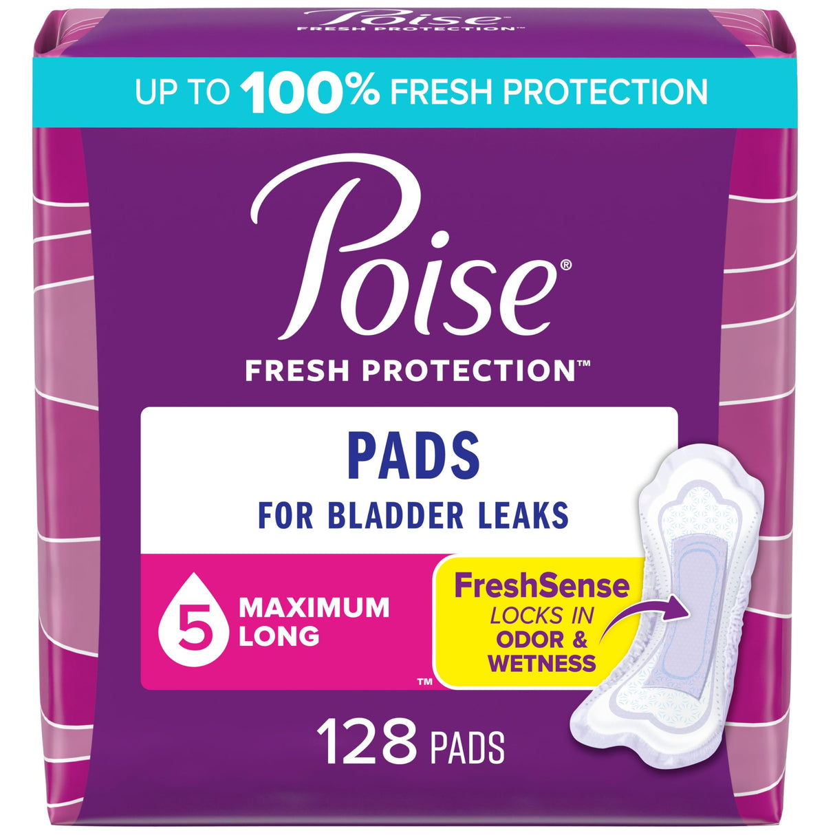 Poise Incontinence Pads & Postpartum Incontinence Pads, 5 Drop Maximum Absorbency, Long Length, 128 Count, Packaging May Vary