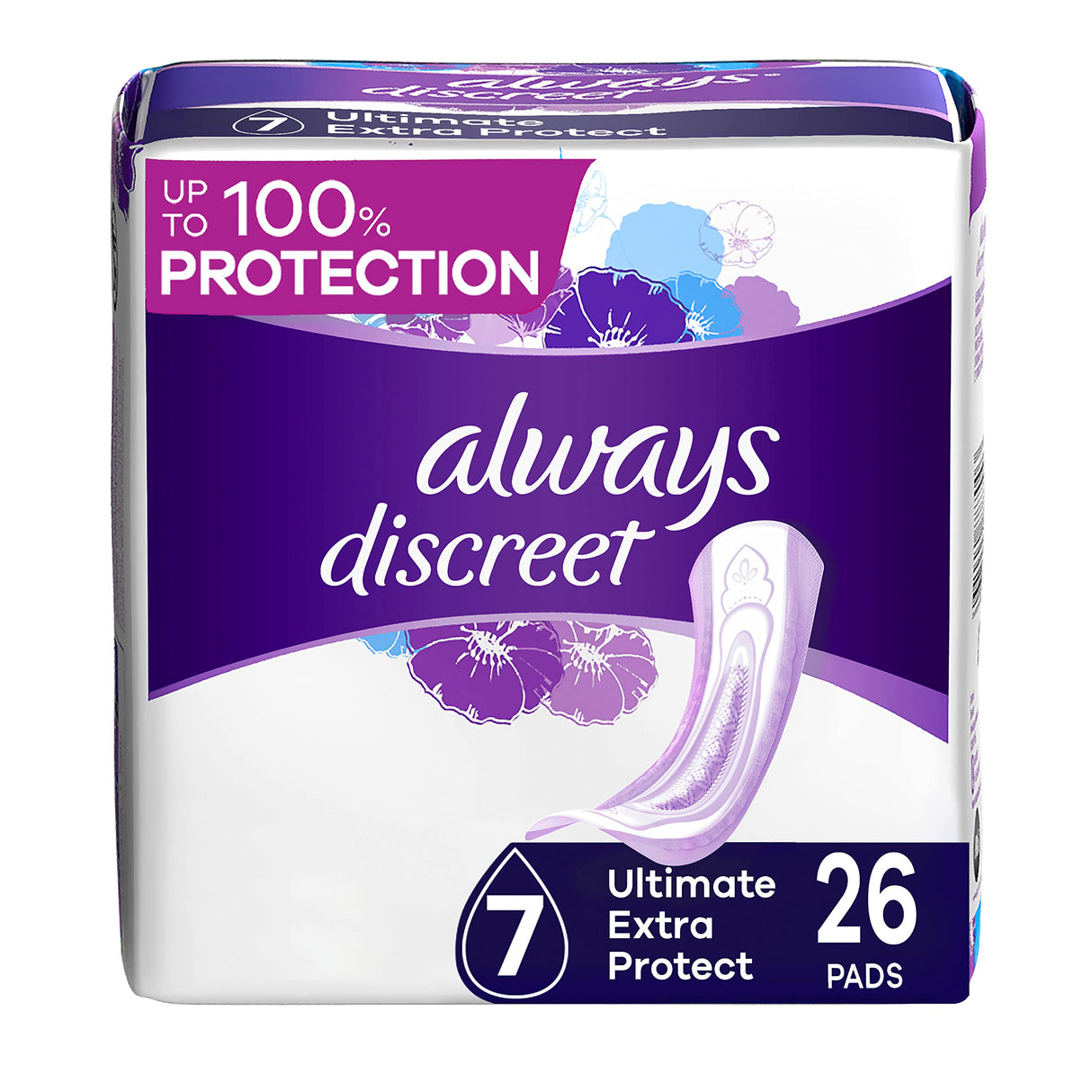 Always Discreet Incontinence Pads, Ultimate Extra Protect Absorbency, Long Length, Lightly Scented, 26 CT