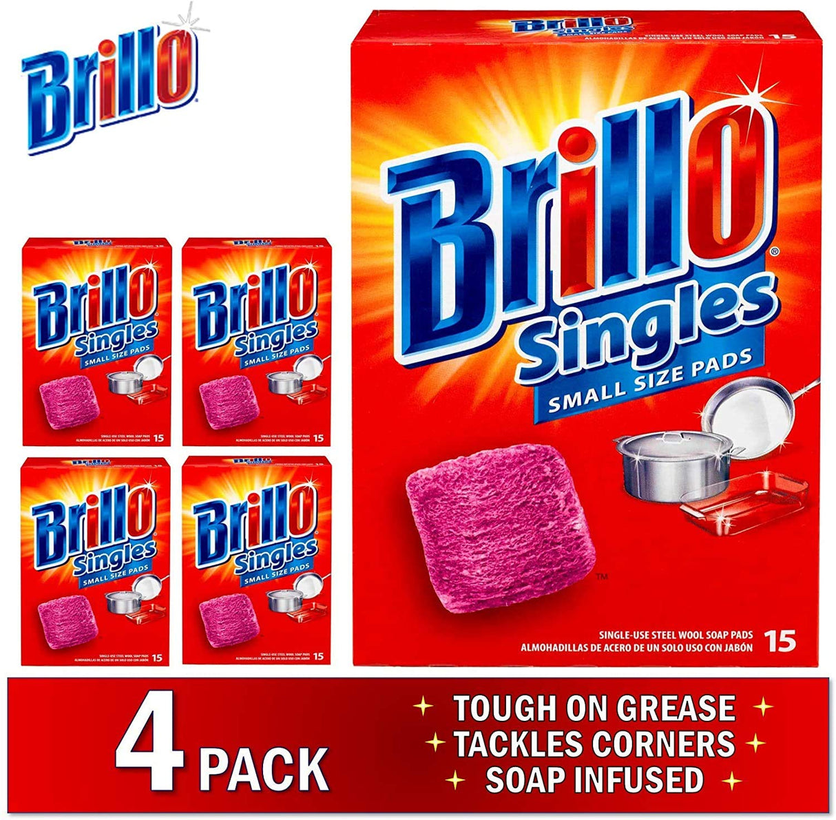 Brillo Single Use Steel Wool Soap Pads, Smaller Size Original Red Scent, 15 Count (Singles, 15 Count (Pack of 4))