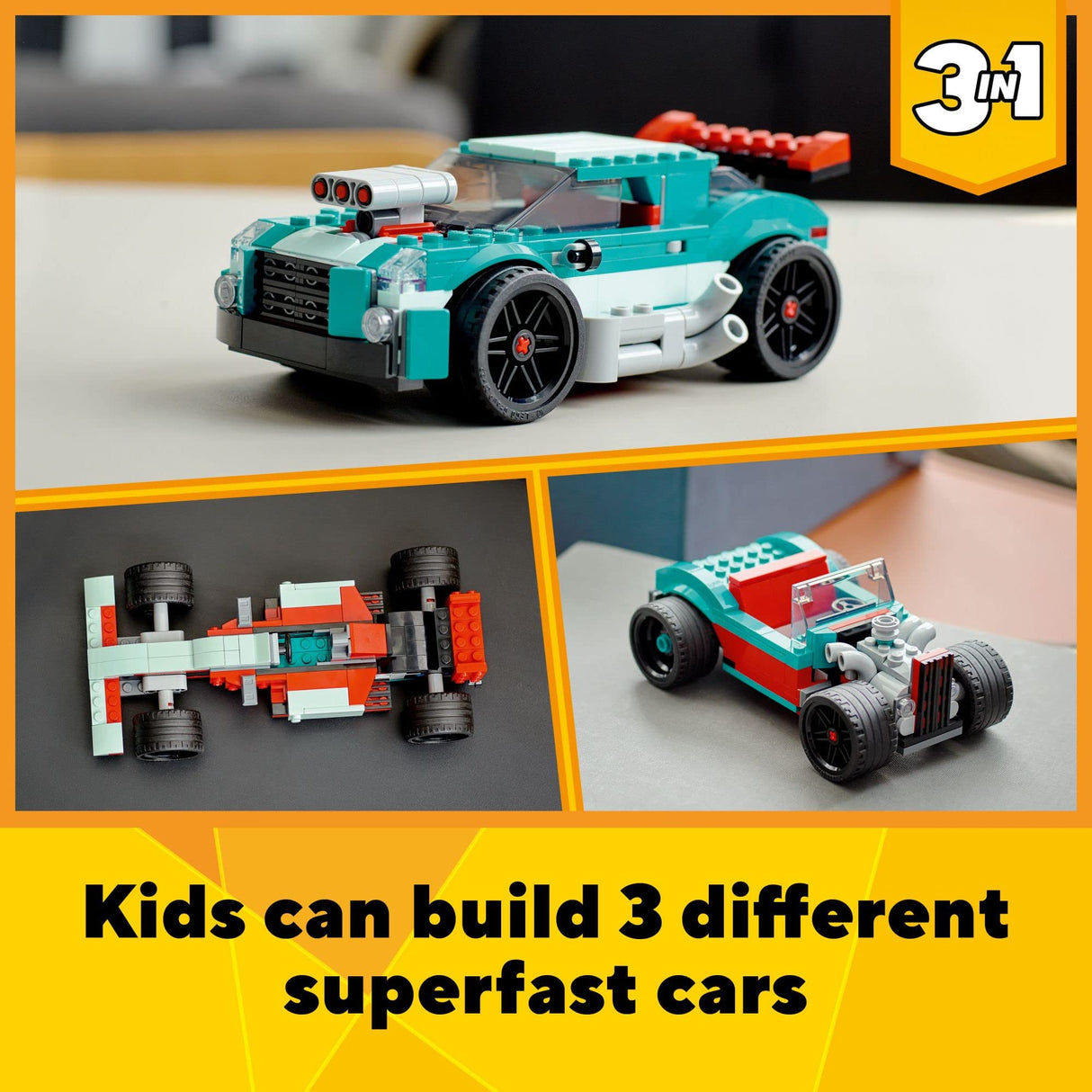 LEGO Creator 3in1 Street Racer Muscle to Hot Rod to Race Car Toys 31127, Model Vehicle Building Bricks Set, Gifts for 7 Plus Year Old Boys & Girls