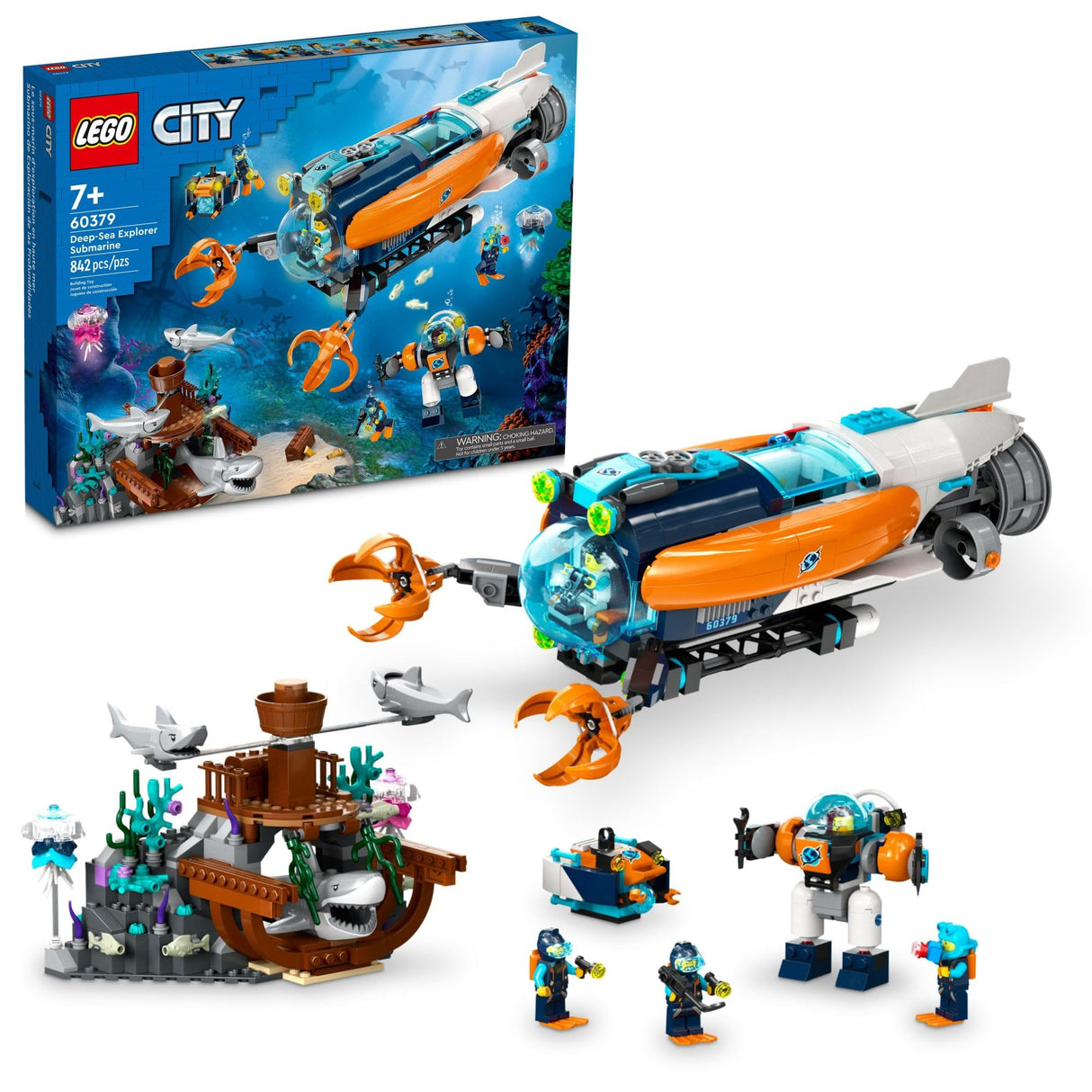 LEGO City Deep-Sea Explorer Submarine 60379 Building Toy Set, Ocean Submarine Playset with Shipwreck Setting, 6 Minifigures and 3 Shark Figures for Imaginative Play, A Gift Idea for Ages 7+