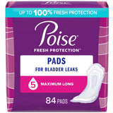 Poise Incontinence Pads & Postpartum Incontinence Pads, 5 Drop Maximum Absorbency, Long Length, 84 Count (2 Packs of 42), Packaging May Vary