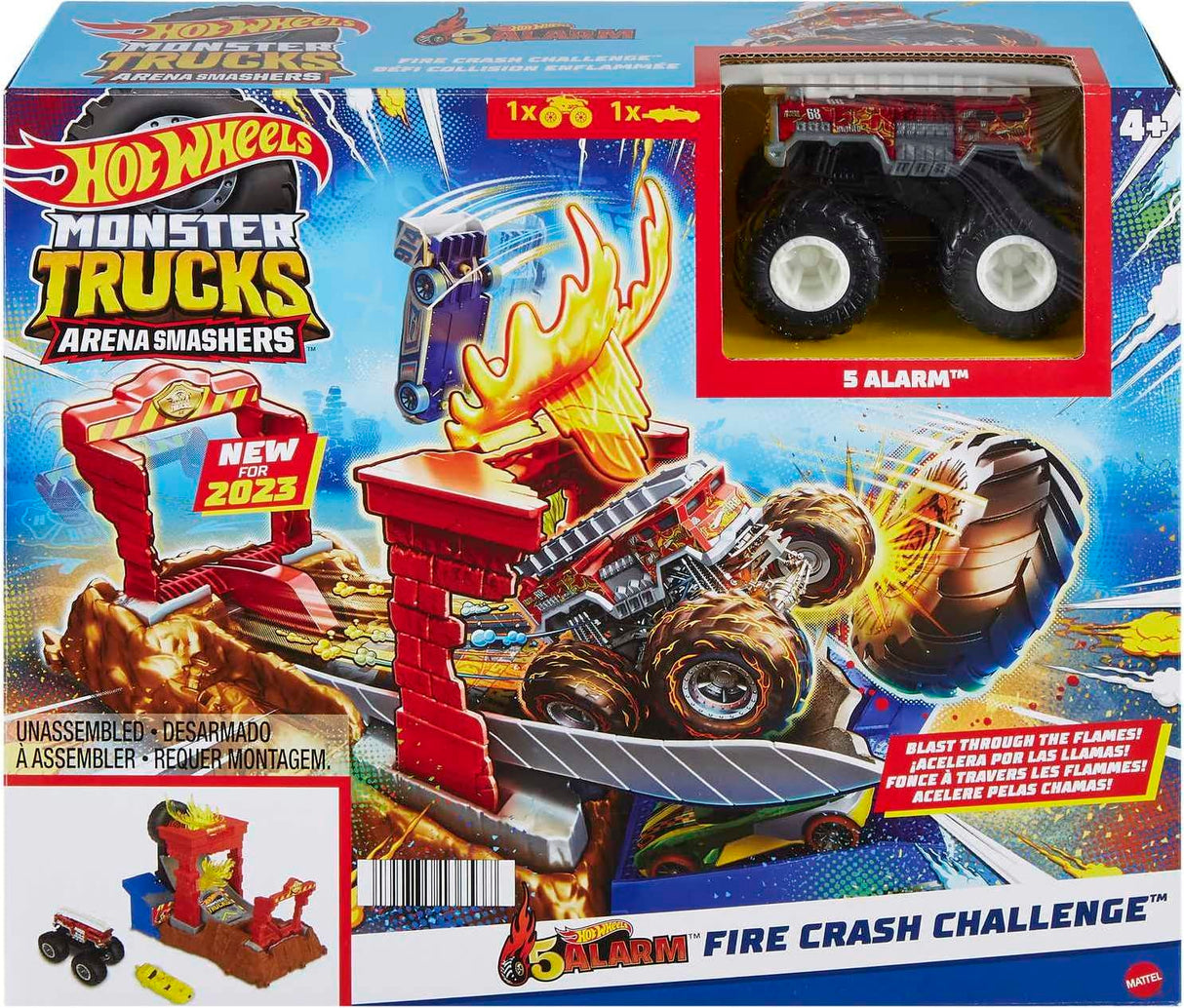 Hot Wheels Monster Trucks Playset & Toy Truck, Arena Smashers 5-Alarm Fire Crash Challenge, 1:64 Scale Firetruck & Crushable Car