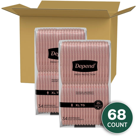 Depend Fresh Protection Adult Incontinence & Postpartum Bladder Leak Underwear for Women, Disposable, Maximum, Extra-Large, Blush, 68 Count (2 Packs of 34), Packaging May Vary