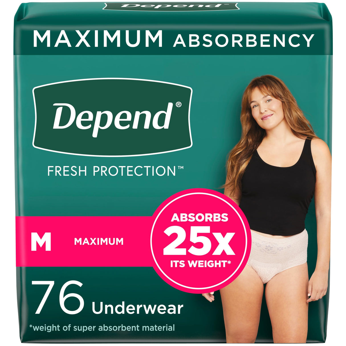 Depend Fresh Protection Adult Incontinence & Postpartum Bladder Leak Underwear for Women, Disposable, Maximum, Medium, Blush, 76 Count (2 Packs of 38), Packaging May Vary