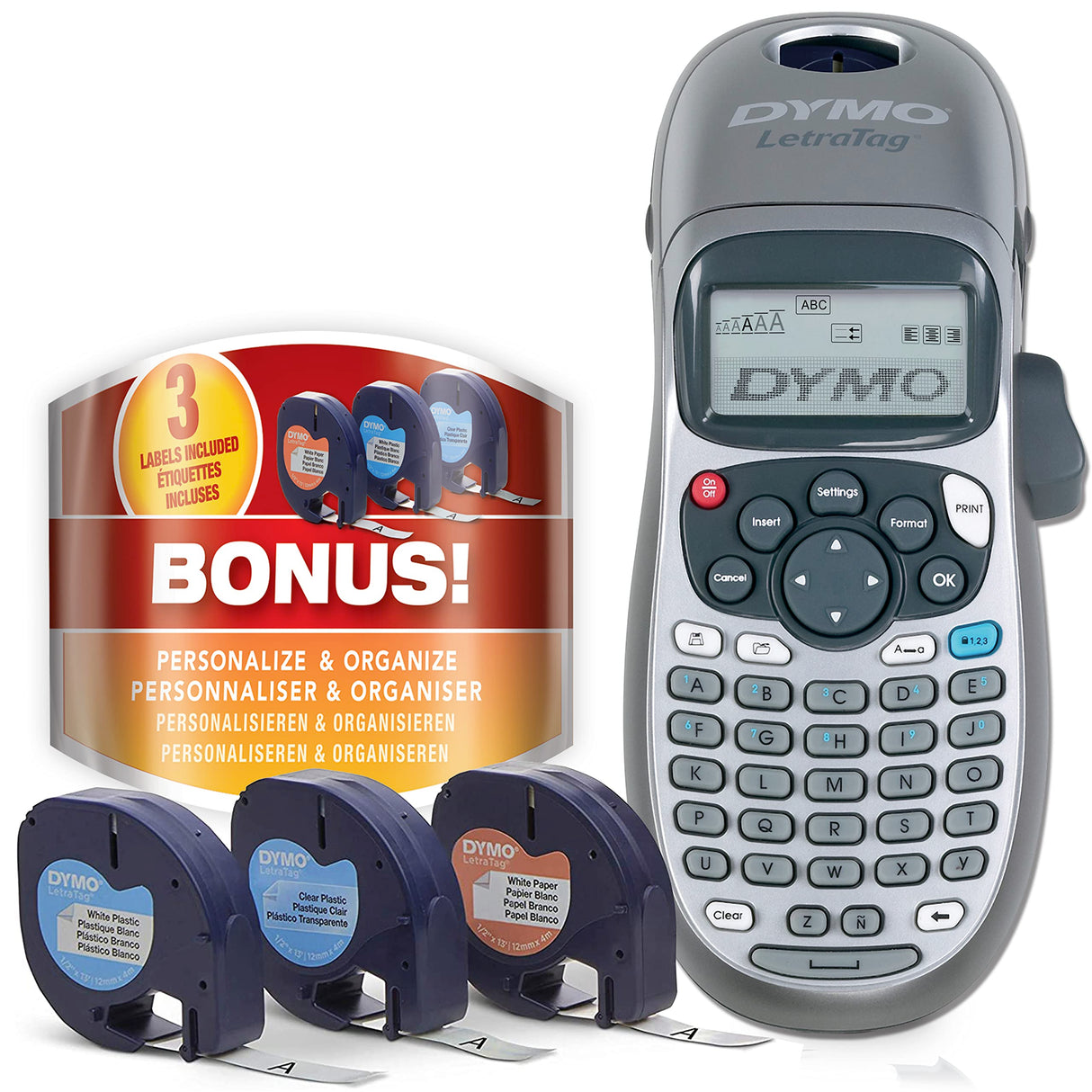 DYMO Label Maker Machine with Tape - 100H LetraTag Handheld, Comes with 3 LT Label Tapes. Great for Home & Office Organization