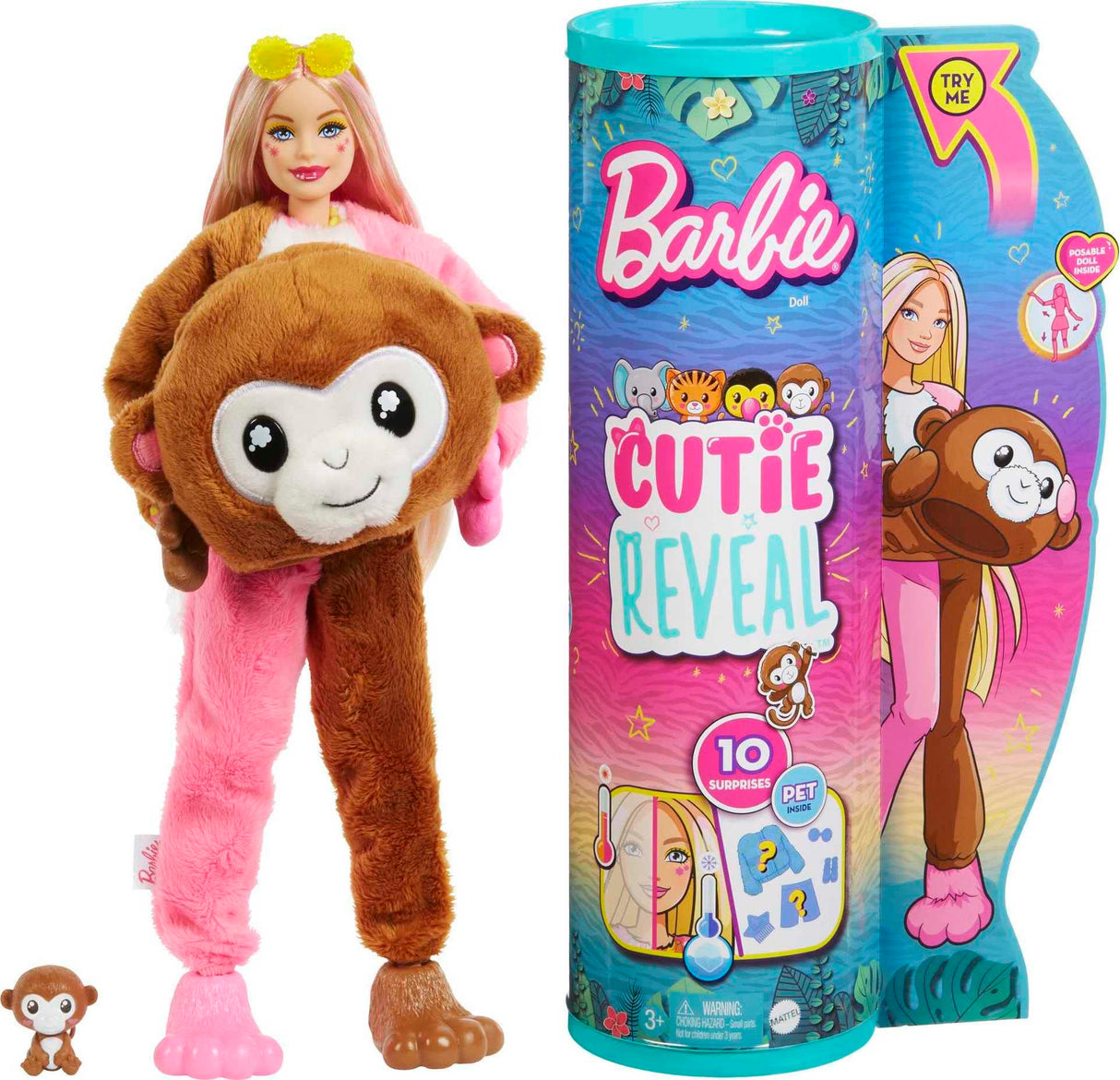 Barbie Cutie Reveal Fashion Doll, Jungle Series Monkey Plush Costume, 10 Surprises Including Mini Pet & Color Change