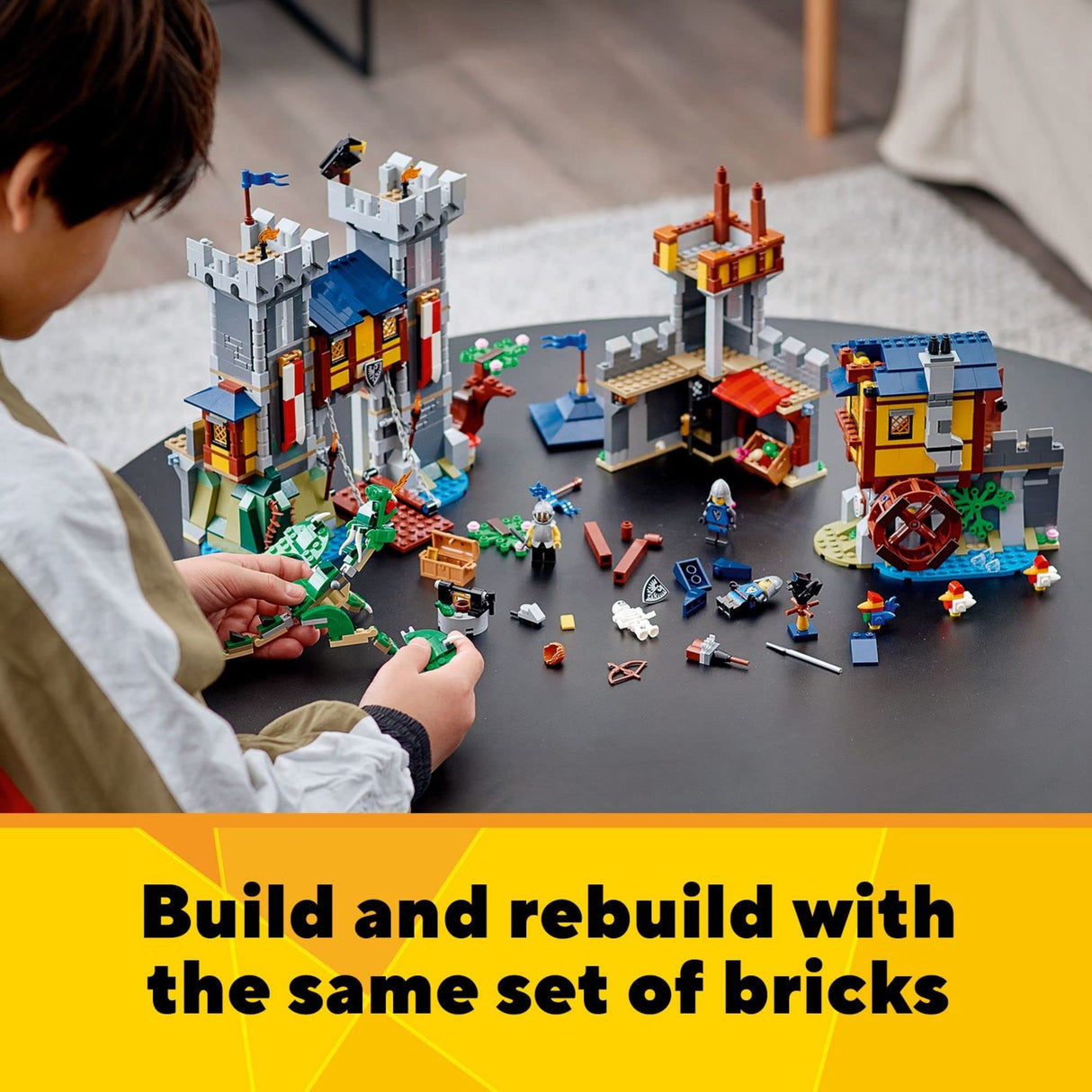 LEGO Creator 3in1 Medieval Castle Toy to Tower or Marketplace 31120, with Skeleton, Dragon Figure, 3 Minifigures and Catapult