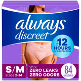 Always Discreet Adult Incontinence Underwear for Women and Postpartum Underwear, Small/Medium, up to 100% Bladder Leak Protection, 84 Count (Packaging May Vary)