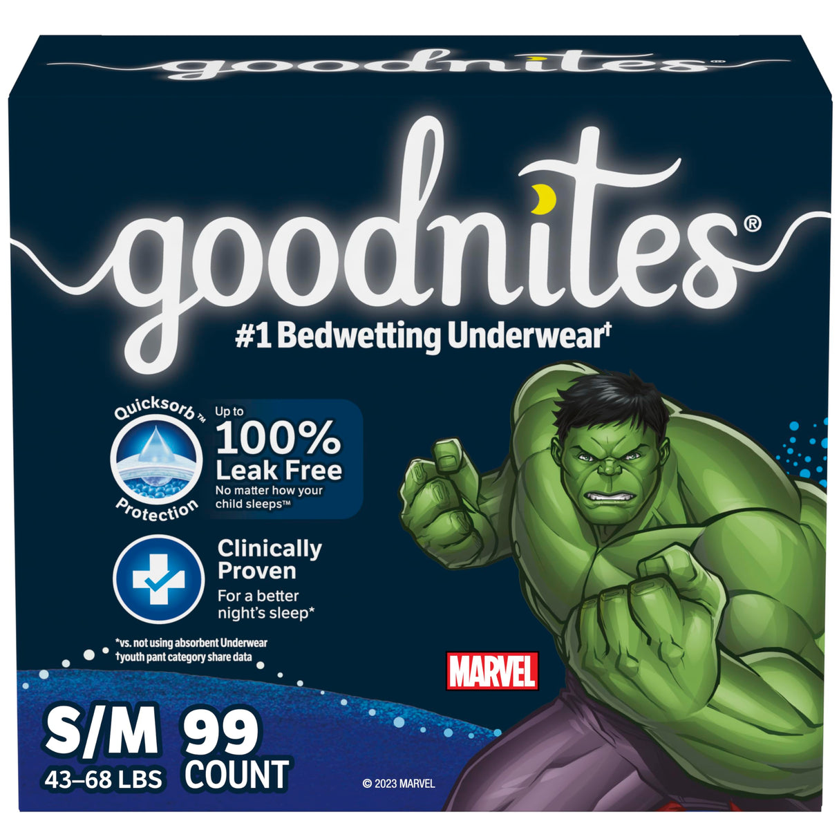 Goodnites Boys' Bedwetting Underwear, Size S/M (43-68 lbs), 99 Ct (3 Packs of 33), Packaging May Vary