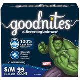 Goodnites Boys' Bedwetting Underwear, Size S/M (43-68 lbs), 99 Ct (3 Packs of 33), Packaging May Vary