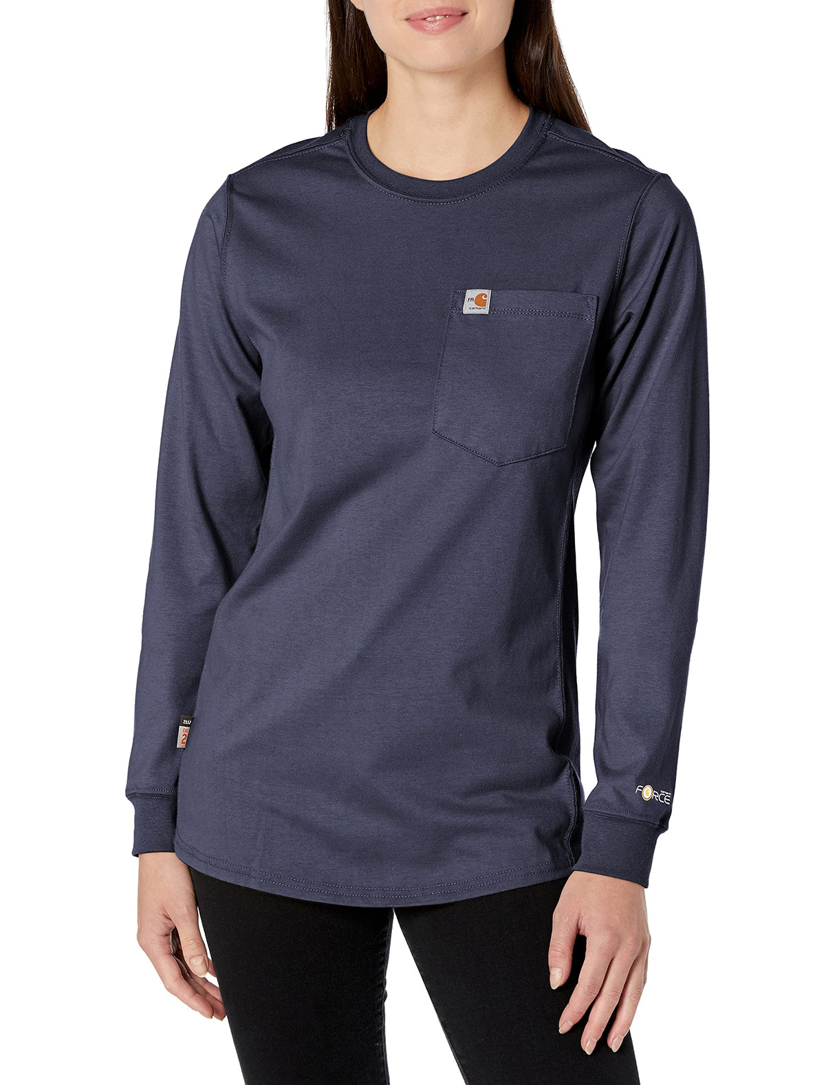 Carhartt Flame Resistant Womens Force Cotton Long Sleeve Crew T Shirt, Dark Navy, Medium