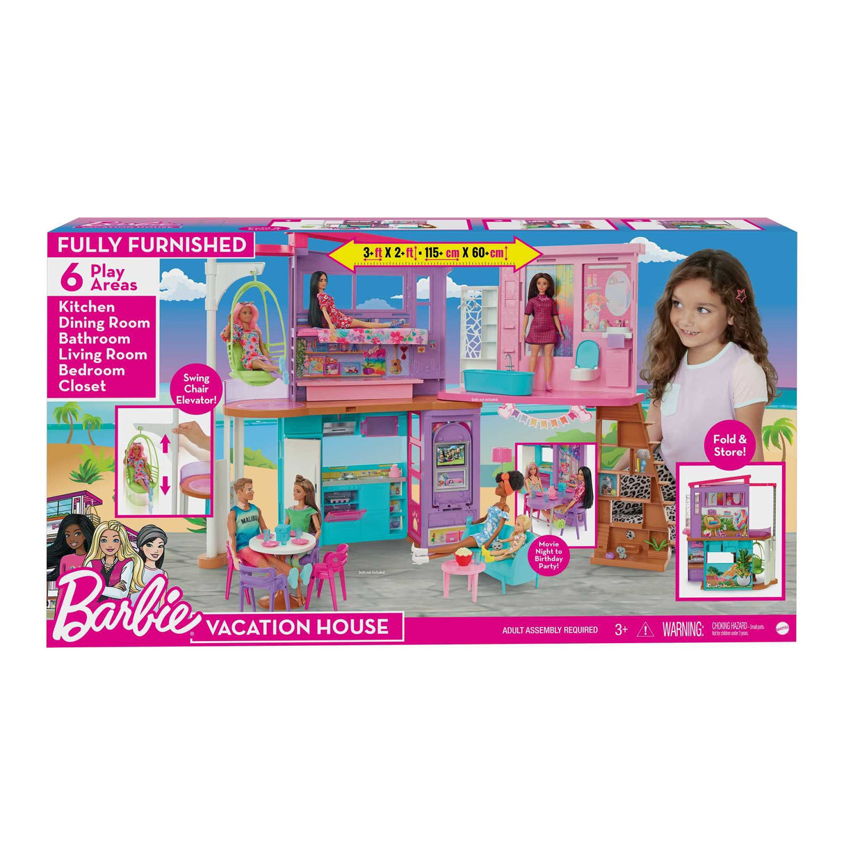 Barbie Vacation House, 2-Storey Fully-Furnished Barbie House with 6 Play Areas, Swing Chair Elevator, 30 Accessories, Fold and Store, Toys for Ages 3 and Up, One Toy House, HCD50