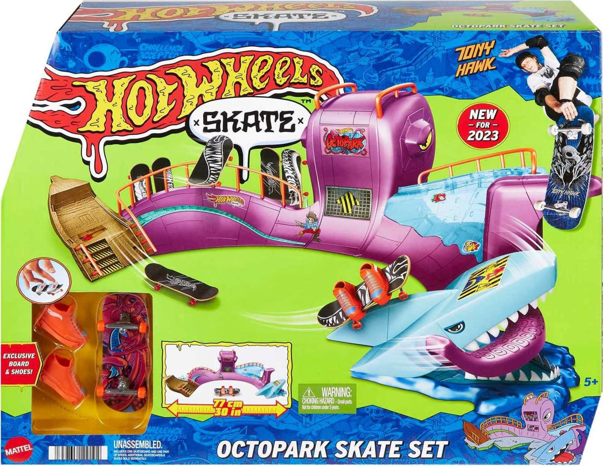 Hot Wheels Skate Octopus Skatepark Playset with Tony Hawk Fingerboard & Pair of Removable Skate Shoes, includes Storage