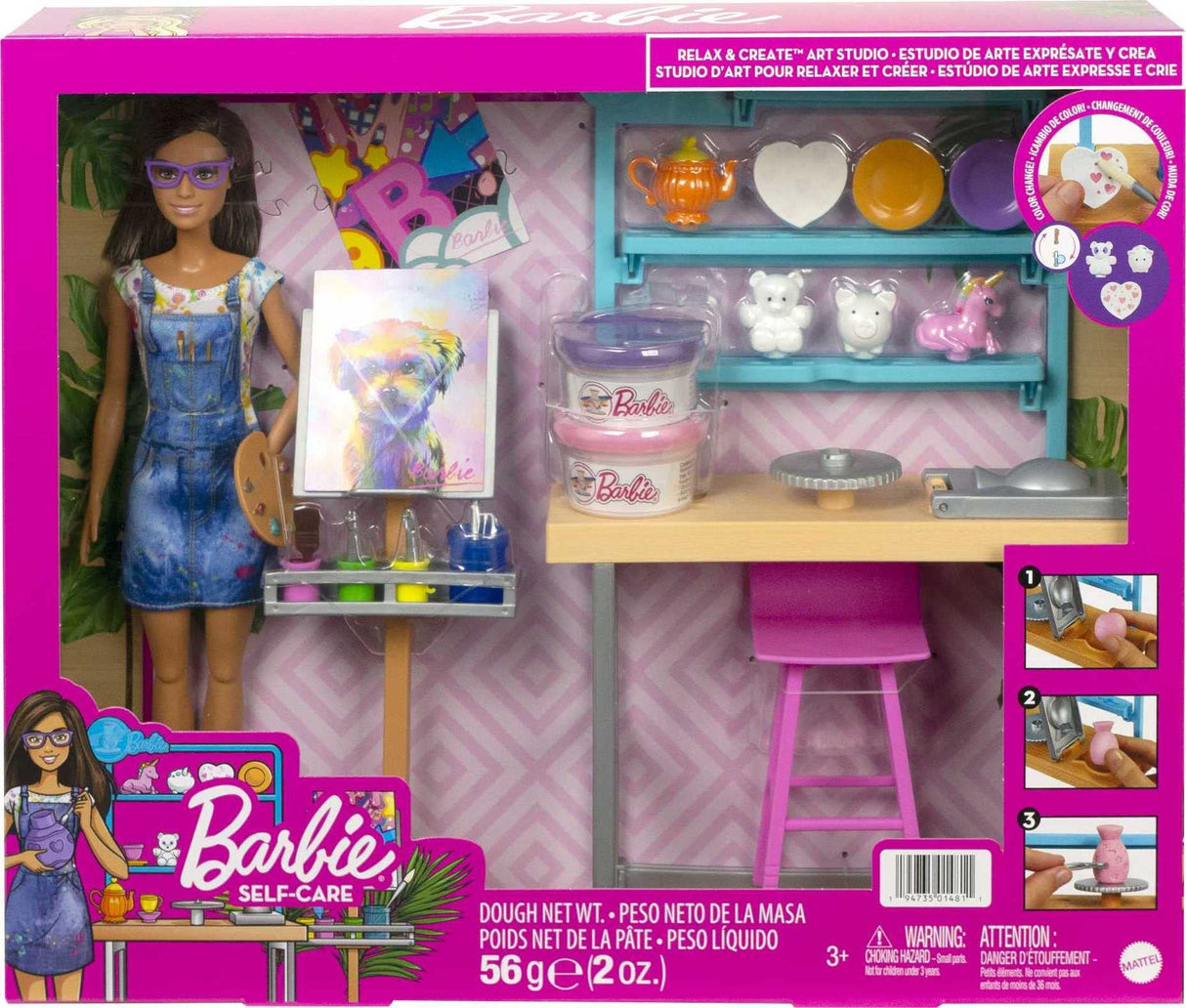 Barbie Relax and Create Art Studio, Doll (11.5 inches), 25+ Creation Accessories for Pottery Making & Painting, Kids 3 to 7 Years Old