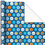 Hallmark Tree of Life Hanukkah Wrapping Paper with Cutlines on Reverse (3 Rolls: 120 Sq. Ft. Total) Blue and Gold Star of David, Menorahs, Candles, Dreidels