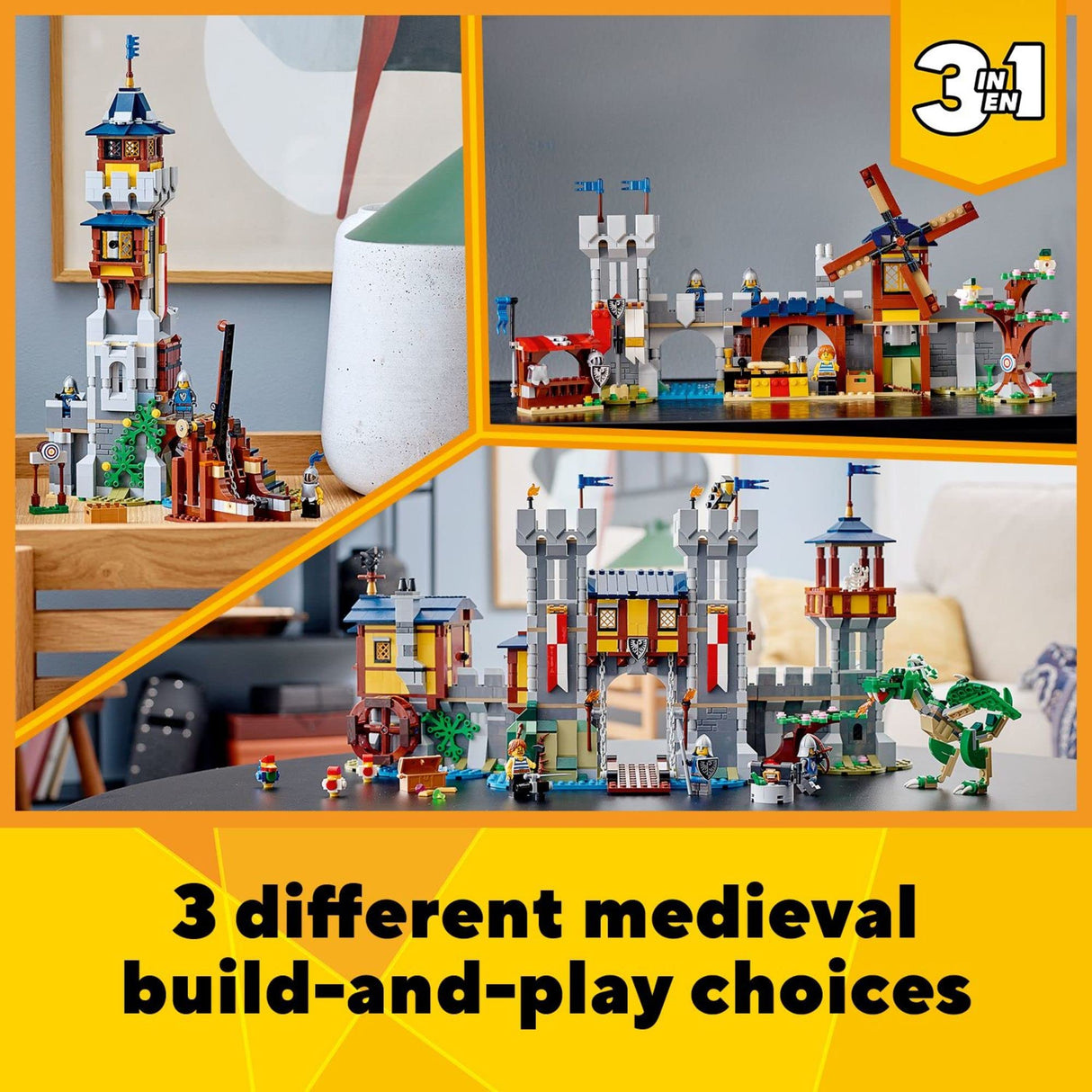 LEGO Creator 3in1 Medieval Castle Toy to Tower or Marketplace 31120, with Skeleton, Dragon Figure, 3 Minifigures and Catapult