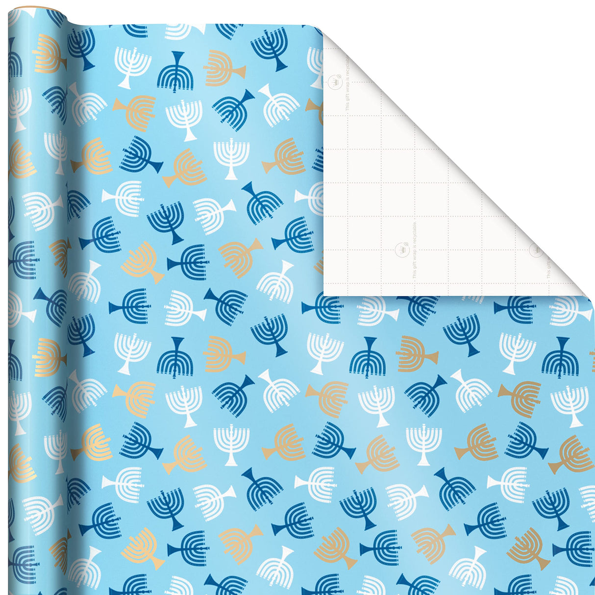 Hallmark Tree of Life Hanukkah Wrapping Paper with Cutlines on Reverse (3 Rolls: 120 Sq. Ft. Total) Blue and Gold Star of David, Menorahs, Candles, Dreidels