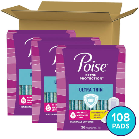 Poise Ultra Thin Incontinence Pads & Postpartum Incontinence Pads, 5 Drop Maximum Absorbency, Long Length, 108 Count (3 Packs of 36), Packaging May Vary