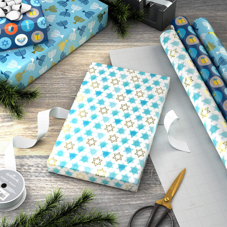 Hallmark Tree of Life Hanukkah Wrapping Paper with Cutlines on Reverse (3 Rolls: 120 Sq. Ft. Total) Blue and Gold Star of David, Menorahs, Candles, Dreidels