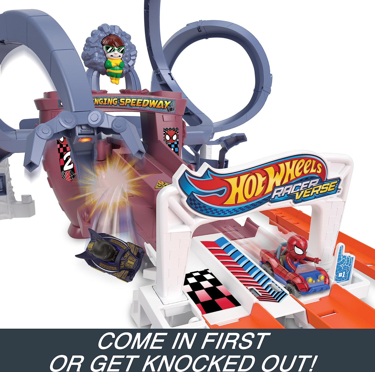 Hot Wheels RacerVerse Toy Car Track Set, Spider-Man’s Web-Slinging Speedway, 2 1:64 Scale Racers: Spider-Man & Black Panther