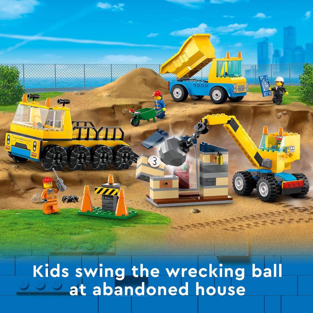 LEGO City Construction Trucks and Wrecking Ball Crane 60391 Building Toy Set for Toddler Kids Ages 4+, Includes 3 Construction Vehicles, an Abandoned House and 3 Minifigures for Pretend Play