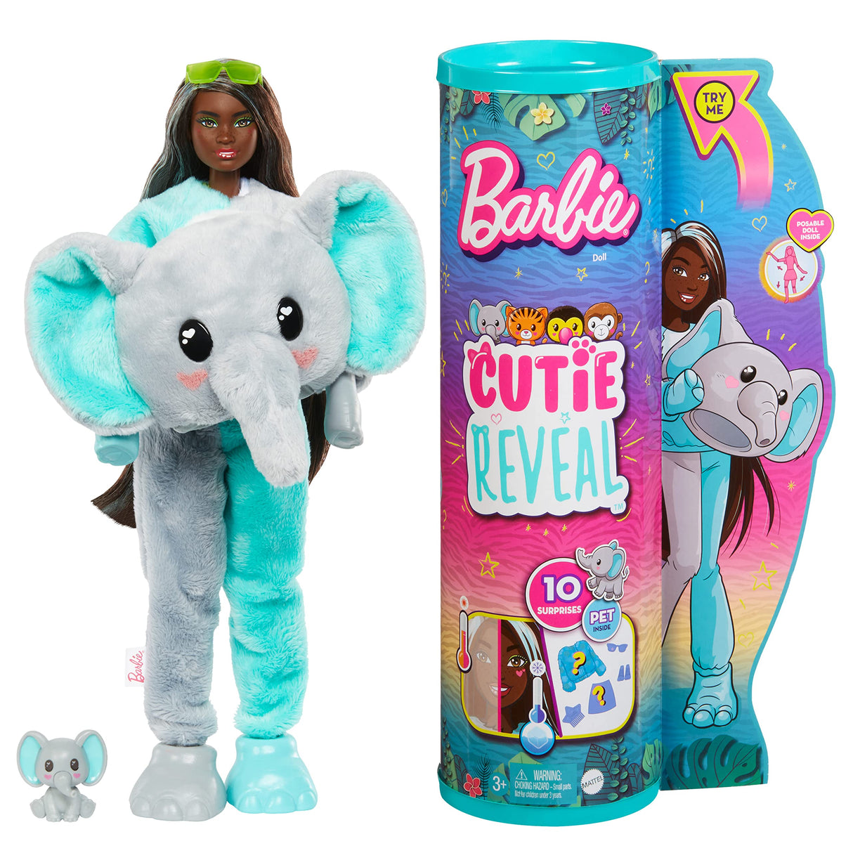 Barbie Cutie Reveal Fashion Doll, Jungle Series Elephant Plush Costume, 10 Surprises Including Mini Pet & Color Change